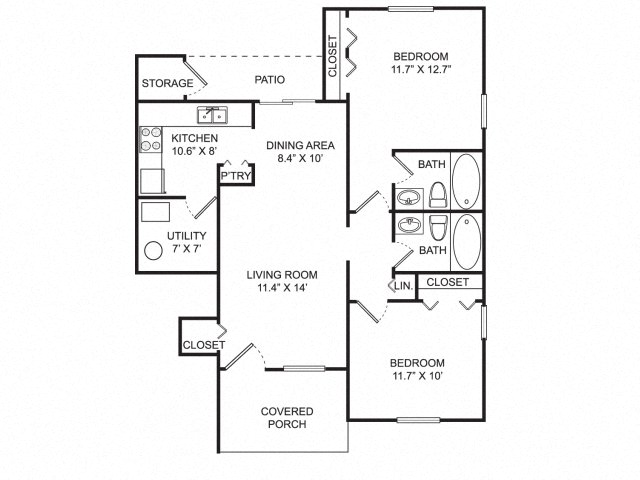 Floor plan for 2 beds, 2 baths, 1064 sqft